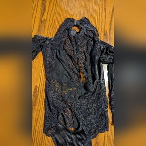 Frederick of Hollywood Black Lace M bodysuit lingiere Satin.